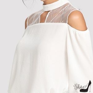 The Shoe Loft Tops - Lace Cold Shoulder Cut Out Textured Blouse The Shoe Loft Tops - Lace Cold Shoulder Cut Out Textured Blouse